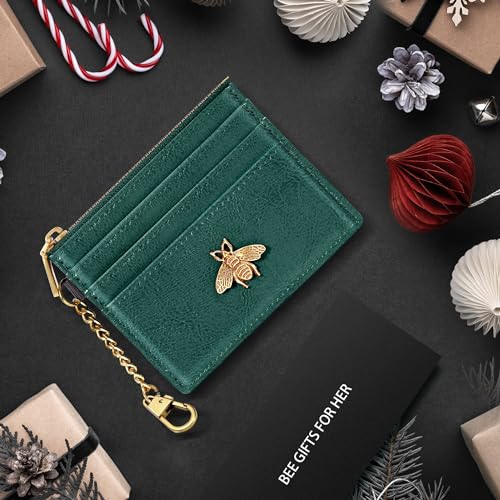 Image of SEAVILIA Card Holder Keychain Wallet for Women with ID Window RFID Coin Purse Bee Gifts Slim Minimalist Small Wallet, Green, 4.4 x 3.38 inches, Minimalist