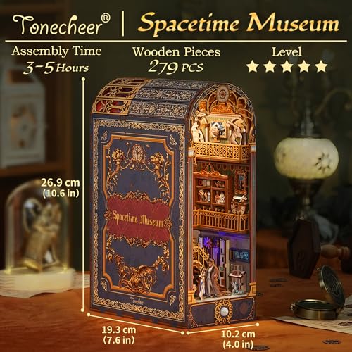 Image of Tonecheer DIY Book Nook Kit for Adults, 3D Wooden Puzzle Bookend Miniature House Kit, Booknook Bookshelf Insert Decor with Dust Cover and LED Lights Gifts (Spacetime Museum)