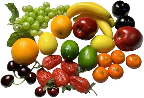 27 piezas de mezcla falsa de frutas para decoración del hogar, frutas artificiales, decoraciones de Navidad, imitación de limón, uvas, plátano,