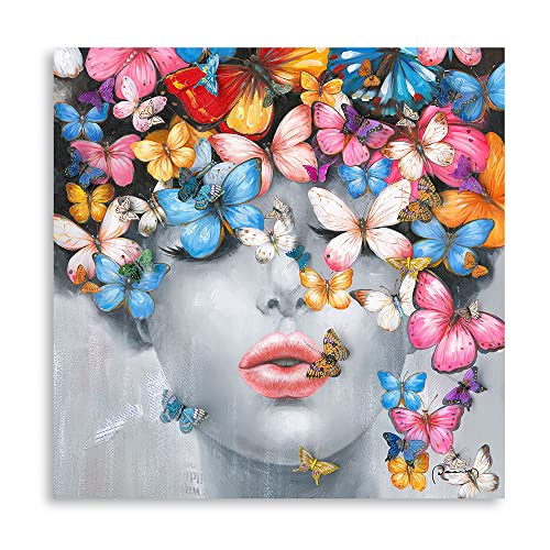 Butterfly Wall Decor Gifts For Women: Colorful Butterlies Canvas Wall Art Poster Black And White Woman Painting In Blush Pink Lip Framed Pictures For Girls Bedroom Home Office Room Decorations 14"X14" #TOP16