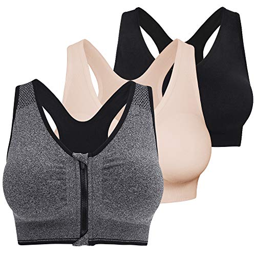 Fapreit Women's Zip Front Closure Sports Bra - Seamless Wirefree Post Surgery Zipper Padded Racerback Workout Gym Yoga Bras 3 Pack (Black, Grey, Beige) #TOP5