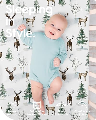 Image of Crib Sheet Netural, Premium Soft Jersey Knit Fitted Crib Sheet, Crib Mattress Sheet, 28''x52''x9'' Extra Deep Pocket (Deer & Bear)