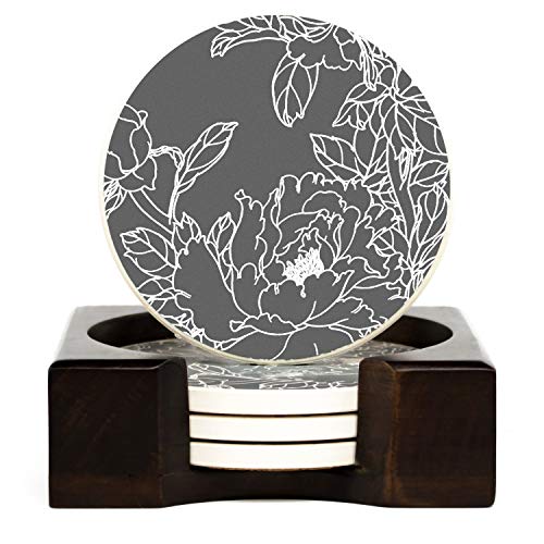 Coaster Set of 4 with Holder | Stone Drink Coasters Set, Peony. Absorbent with Beautiful Blonde Holder | Made of Ceramic with Cork Back, Absorbs Spills
