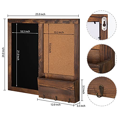Mygift TB-HOM1537DKBRN Rustic Dark Brown Wood Wall-Mounted Chalkboard With Cork Board, Mail Sorter, & Key Hooks thumb #4
