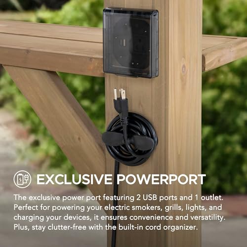 Sunjoy Wooden Grill Gazebo 10 ft. x 12 ft. Outdoor Cedar Frame BBQ Pergola, Backyard Hot Tub Gazebo with Metal Hardtop Roof, Exclusive PowerPort and Bar Shelves - Image 5