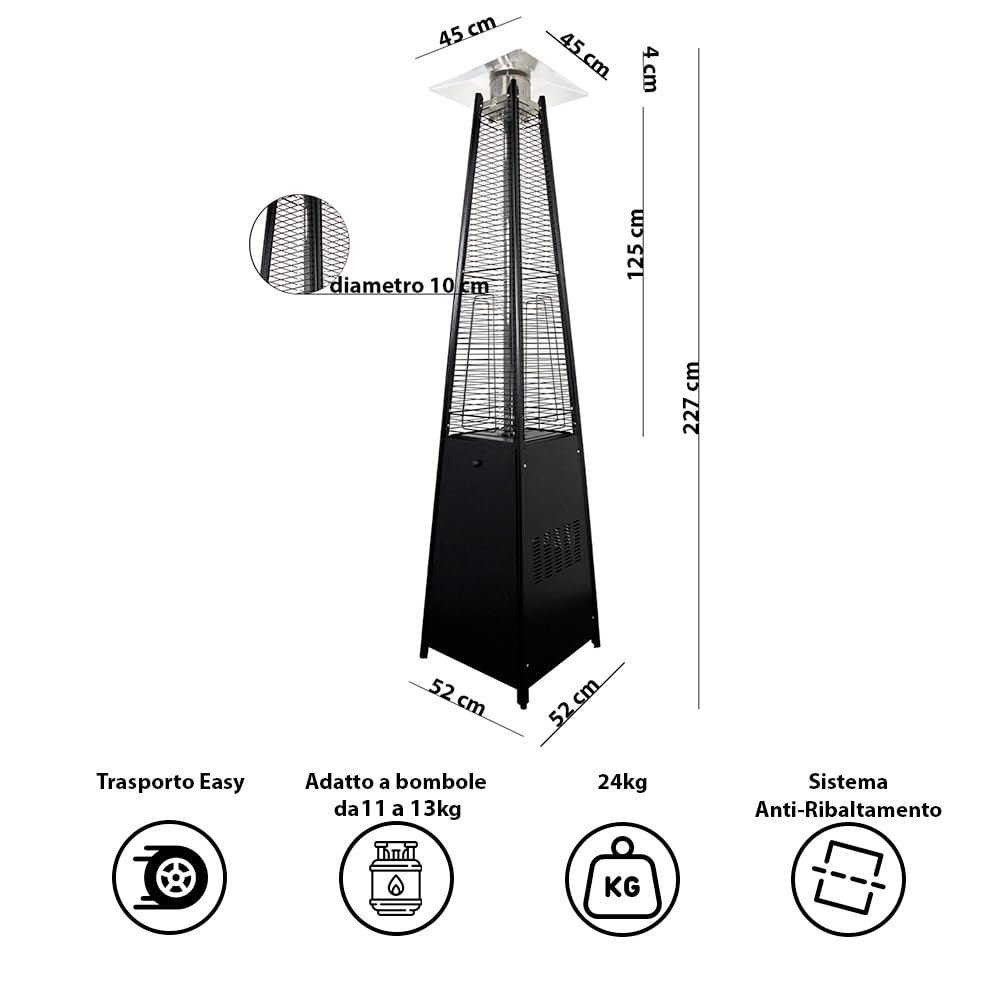 Stufa a Gas da Esterno Pyramid 13kW Riscaldatore a Fiamma Viva per Giardino Bar e Ristoranti