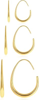 3 Pairs Teardrop Hoop Earrings Set for Women Gold Silver Oval Hoops Pull Through Chunky Dangle Statement Earring Jewelry