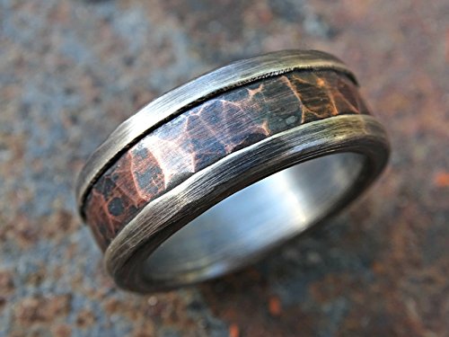 Chunky Mens Ring Copper, Mens Wedding Band Bold, Forged Silver Copper Ring, Hammered Copper Ring Rustic, Rustic Wedding Ring Mixed Materials #TOP4