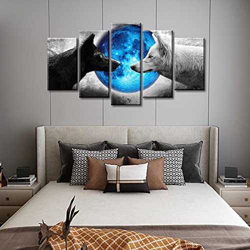 Djsylife Wolf Canvas Wall Art Black And Grey Wolf Decor Modern Artwork Wildlife Animal Painting For Mens Bedroom Boys Room Decorations 40" W X 22" H 5 Pieces #TOP2