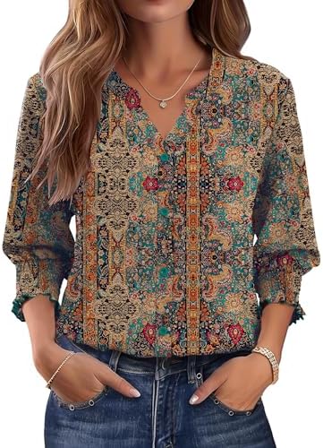 Rapbin Bluse Damen 3/4 Ärmel Hemd Shirt V-Ausschnitt Oberteil Top Blusen | Bluse Damen 3/4 Ärmel Langarm Hemd Shirt V-Ausschnitt Oberteil Top Button Down Kleid Blusen Sommer Outfit