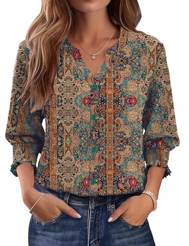 LOMON Blouses for Women Dressy Casual 3/4 Sleeve V Neck Tops for Women Trendy Teacher Shirts 2026 Summer Fashion Bohemian L