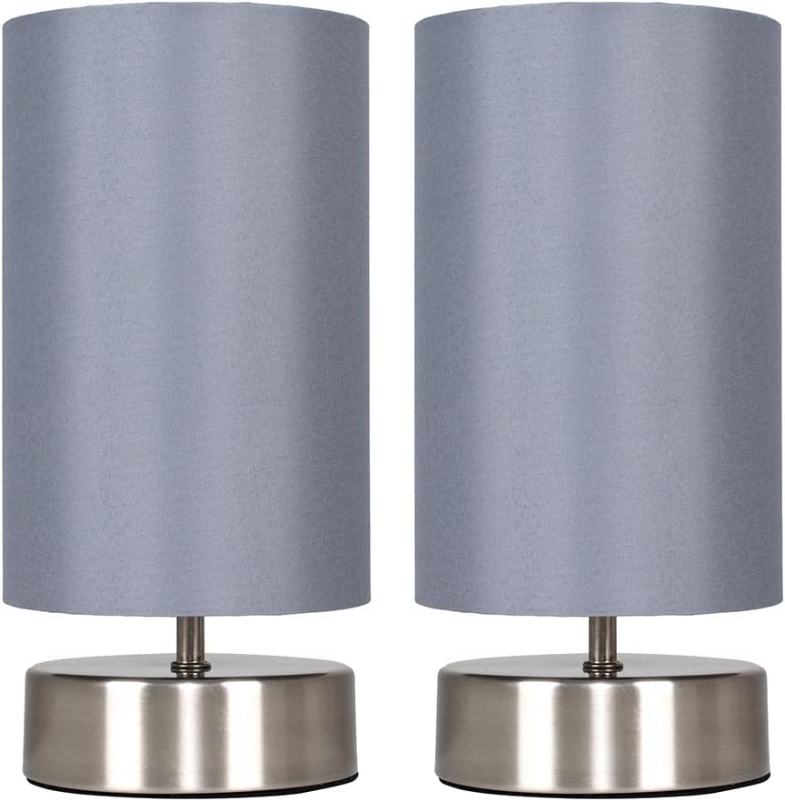 MiniSun | Modern Brushed Chrome Touch Table Lamps with Grey Light Shades | Table Lamps, Home Décor & Improvement Essential | Set of 2