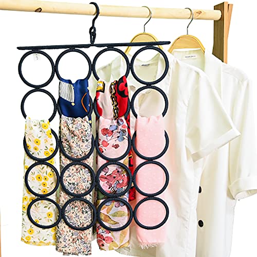 Kleafs Handmade Crocheted Scarf Hanger For Closet Organization, Closet Organizers For Scarves, Shawl, Tie, Belts & Accessories, Space-Saving Scarf Organizer 20 Rings (Beige 360° Swivel) (Dark Blue) #TOP1