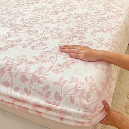 Mateju Sábana Bajera Ajustable de Franela Suave y Cálido con Estampado de Hojas Moderna, Sábana Bajera Elástico Invierno de Forro Polar para Colchones de hasta 5-28 cm (Rosa,90x200cm)