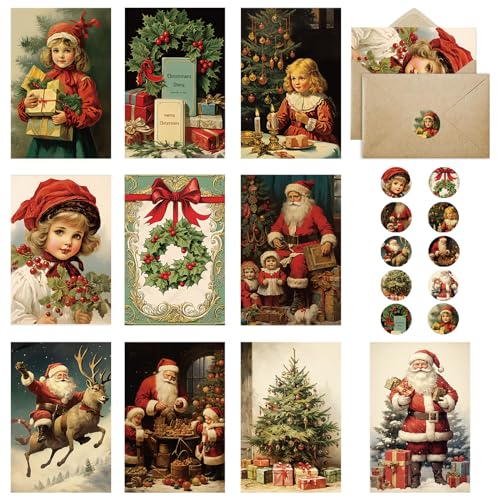 Huifengjie Tarjetas Navidad, 20 Postales Navidad con Sobres y Pegatinas, Retro Tarjetas Navideñas Pequeñas Tarjetas de Navidad Originales para Saludos Familia y Amigos, Christmas Cards