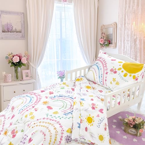 Image of Pea Pod Toddler Bedding Set for Girls, 4 Piece Soft & Breathable Rainbow & Sun Crib Bedding Set, Bed-in-A-Bag Toddler Microfiber Sheet Set, Includes Comforter, Flat Sheet, Fitted Sheet, Pillowcase