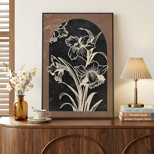 Framed Boho Vintage Black Brown Floral Wall Art for Living Room, 24x36 Inch
