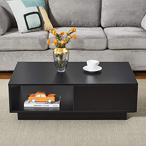Panana Coffee Table with Storage Drawers&Shelves LED Light Modern Living Room Wooden (Black) - Image 2