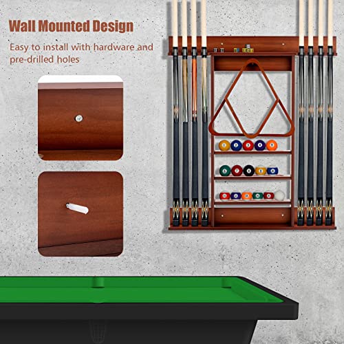Gymax Pool Cue Rack, 8 Cue Wall-Mounted Pool Stick Holder With 15 Billiard Balls Holders And 1 Triangle Rack, Solid Pine Wood Billiards Rack Only For Billiard Room Or Club (Burlywood) #TOP3