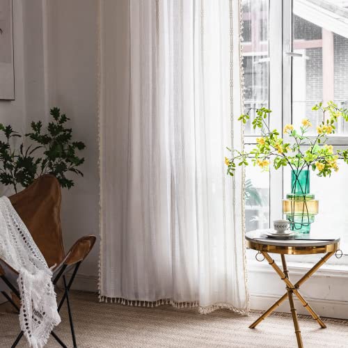 Deeprove Boho Curtain 84 Inches Long For Bedroom, White Ivory Cotton Linen White Stripes Embroidery Shabby Chic Hollow Geometric, Semi Blackout Window Vintage Drape Tassels, 1 Panel W52 X L84 #TOP4