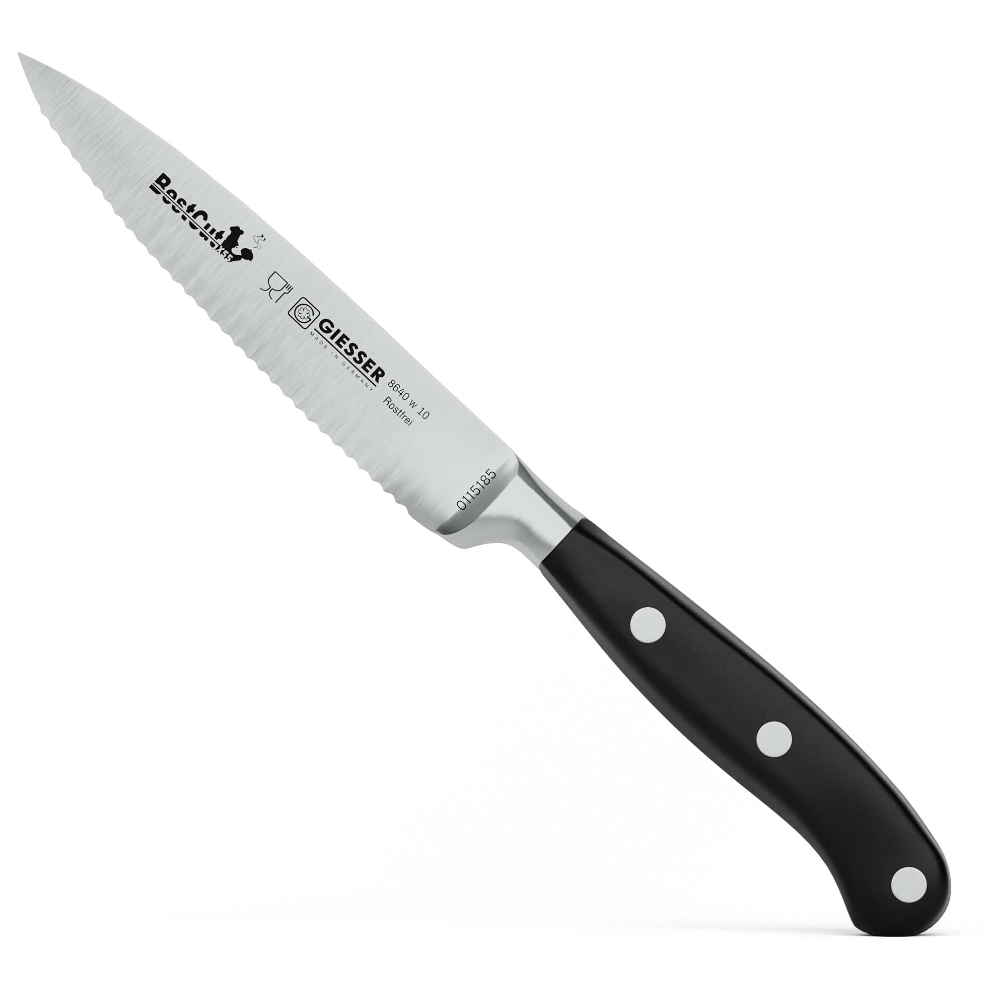 Giesser seit 1776 - Made in Germany - scharfes Officemesser geschmiedete 10 cm Wellenschliff BestCut, hitzebeständig, schwarz, deutsches Spickmesser spülmaschinengeeignet, rostfrei, 8640-w-10