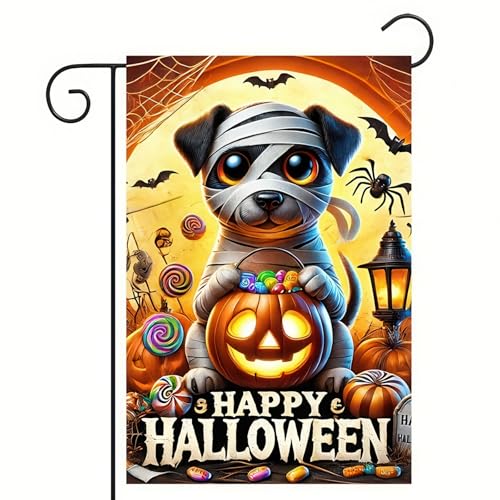 Image of Happy Halloween Garden Flag 12x18 Double Sided Mummy Puppy Ghost Skeleton Dog Garden Flag Candy Trick or Treat Pumpkin Flag Halloween Decorations Banner Fall Decor Outdoor Lawn Yard Flag