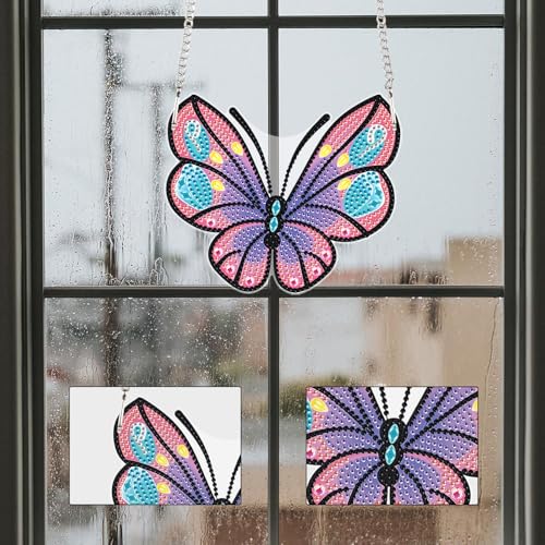 Image of AiYuanzsh Cartoon Butterfly Diamond Painting Pendant Kit, 5D DIY Acrylic Special Shaped Rhinestones Diamond Art Hanging Ornament, Window Wall Door Decoration Craft Gift for Adults