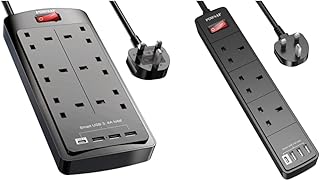 6 Way Extension Lead with 4 USB Slots,POWSAF Power Strip Extension Cord with 6 Plug Extension Socket and 2M Extension Cable for Home Office Travel,Black & Extension Lead with 4 USB Slots,Black