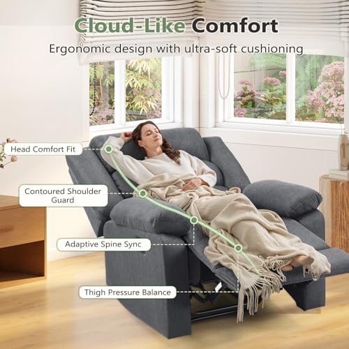 Image of ANJ Fabric Recliner Chair with Overstuffed Arm and Back, Comfy Grey Manual Recliners for Adults, Living Room Single Sofa Recliners
