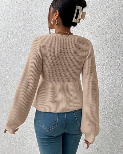 Image of BAIMORE Women's Casual Deep V Neck Drawstring Tie Front Long Sleeve Ruffle Hem Pullover Sweater