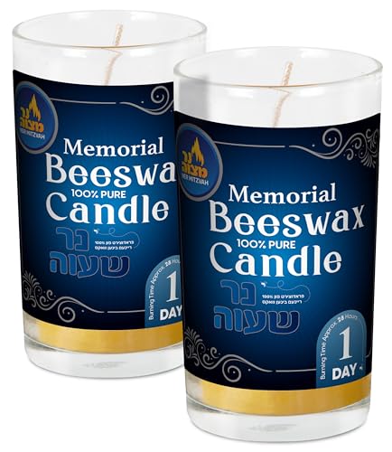 Bougie Yom Kippur 24h cire d'abeille et veilleuse de deuil Yahrtzeit en pot de verre Kosher pack 2