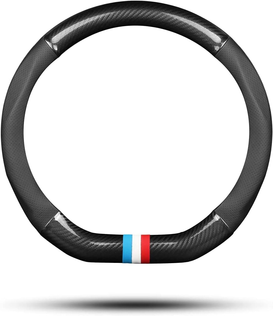 PIKFOS Non-Slip Car Steering Wheel Cover, D-Shape Sports Protector, Carbon Fiber and Faux Leather, Universal for 15" Diameter, Black