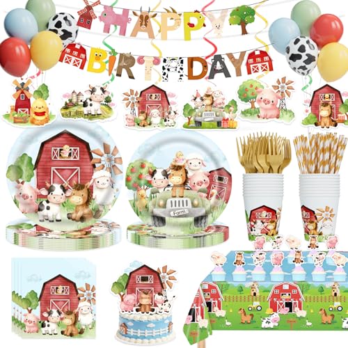 Hombae Farm Birthday Decorations Rustic Barnyard Party Supplies with Farm Animal Plates Cow Print Balloons Banner Tablecloth & Disposable Tableware for Boys Girls 1st 2nd 3rd Birthday Serves 24