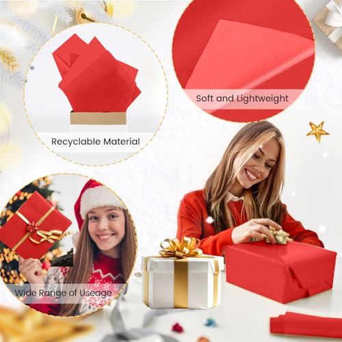 Image of Hlonon Red Tissue Paper for Gift Bags - 30 Sheets of Red Wrapping Tissue Paper Bulk Packaging Paper for Weddings Birthday DIY Project Christmas Gift Wrapping Crafts Decor (14 x 20 Inch)