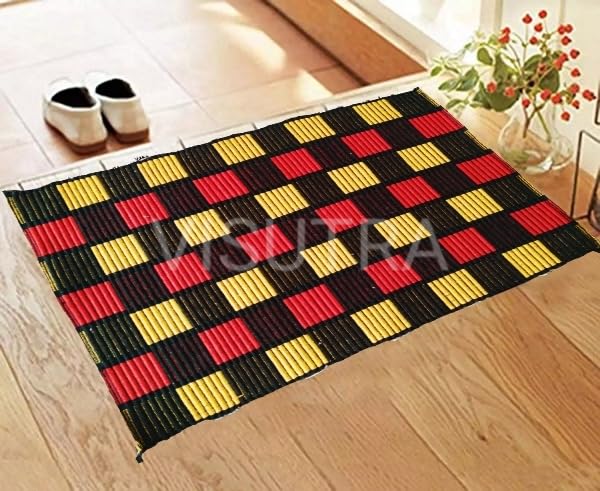 VISUTRA Cotton Woven Water Absorbing Reversible Door Mat for Home Décor Living Room Indoor and Outdoor Use-Big Checks Designs (Multicolor, Size- 16 x 24 Inch)- Set of 3