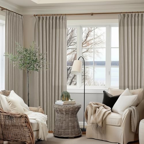 Image of Extra Wide Curtains 60 Inch Width 84 Inches Long for Living Room Bedroom Light Filtering Semi Sheer Farmhouse Pleated Curtain Hooks Rings for Patio Sliding Door Large Window Burlywood Taupe 1 Panel