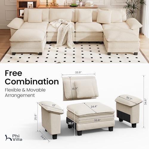 Image of PHI VILLA Cloud Modular Couch Sets, 157.5 inch Oversized Large Sectional Sofa with U-Shaped Chaise, 6-Seater Couches with Movable Ottomans for Living Room, Corduroy Beige
