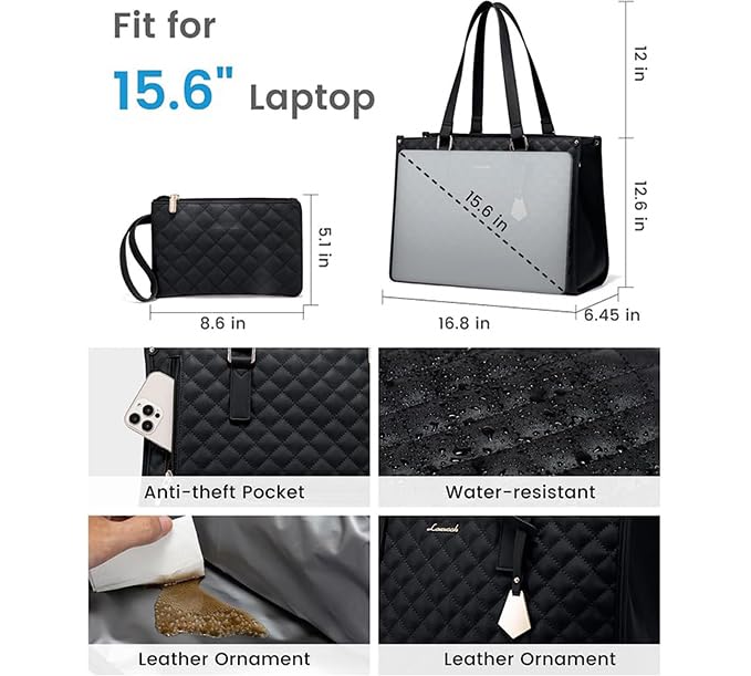 Image of Lunch Tote Bag for Women,15.6 Inch Laptop Bag with Insulated Lunch Compartment, Quilted Large Capacity Computer Handbag with Purse for Business, Work, Nurse,Collage,Office