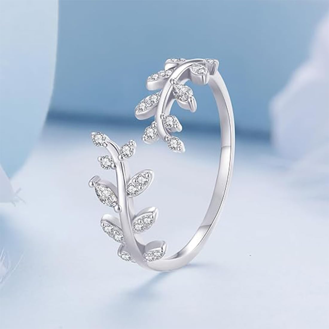 Foglie Aperte Regolabili con zirconi, Elegante Anello in Argento con Strass Scintillanti, Regalo di Gioielli per Donne, Ragazze, Matrimonio, Anniversario, Compleanno, San