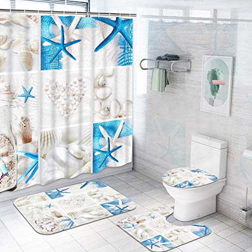 TAMOC 4 Pcs Beach Shower Curtain Set with Non-Slip Rug, Toilet Lid Cover and Bath Mat, Ocean Seashell Bathroom Shower Curtain with 12 Hooks, Waterproof Nautical Starfish Shower Curtain