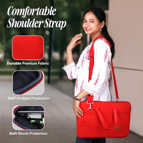 Image of Protecta Grace Office Laptop Messenger Bag for Men and Women Canvas Look Laptop Briefcase Water Repellent Padded Laptop Messenger Sleeve Bag 15.6 Inch Ideal for Office & Work in Color Red