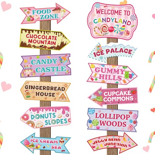 Adecortalk 24 Pcs Candyland Party Decorations Welcome to Candyland Signs Candy Land Theme Birthday Party Decorations for Kids Girls Candy Sweet Birthday Party Supplies Halloween Christmas Trunk or Treat Car Decor