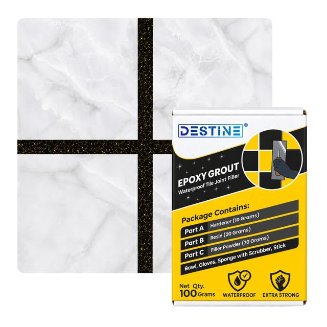 Image of DESTINE Epoxy Grout for Tiles (110 Colours)(100 g), Waterproof Joint Filler, Crack Filler, Tiles Gap Filler, Stain Free, Acid & Chemical Resistance Epoxy Grout (Black [Gold Glitter])