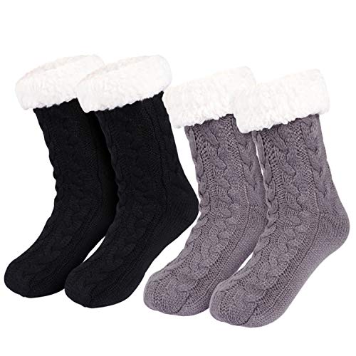 Tacobear 2 Pares Invierno Calcetines Mujer Calcetines Zapatillas Casa Calcetines Antideslizantes Cálido Calcetines con suela Gruesos Lana Zapatilla Calcetin de Piso para Mujer Niña (negro + gris)