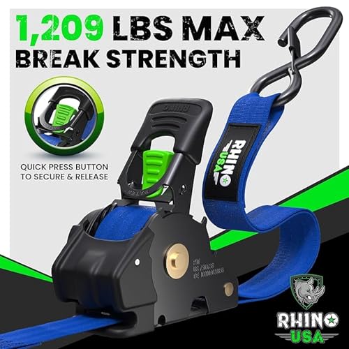 Image of Rhino USA Retractable Ratchet Straps (2-Pack) - 1 Inch x 10 Feet (1,209lb Break Strength) - Auto Self Retracting Tie Down Straps for Truck, Cargo Trailer, Motorcycle, ATV, UTV - Blue