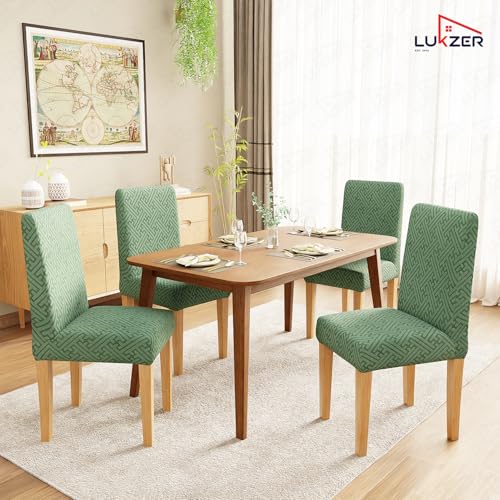 Image of Lukzer Elastic Dining Chair Cover - 4PC Pastel Green Grid Maze | Textured High Stretch Jacquard Seat Cover | Removable Washable Short Dining Chair Cover Protector Seat Slipcover | (CC-107-04)
