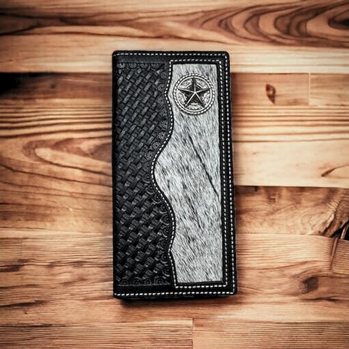 Urbalabs Mens Long Wallet Basketweave Black Leather Soft Leather Cow Hair Checkbook Style Cowboy Hand Crafted High End Mens Wallets Leather Lone Star Concho Gifts For Men2