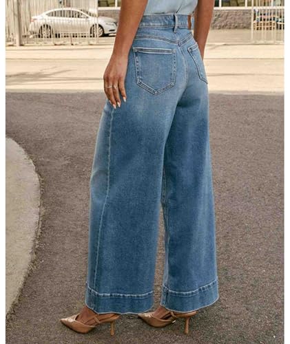Sexyshine Women's Retro Wide Leg Jeans High Waist Stretchy Loose Straight Leg Long Denim Pant with Front Patch Pockets4