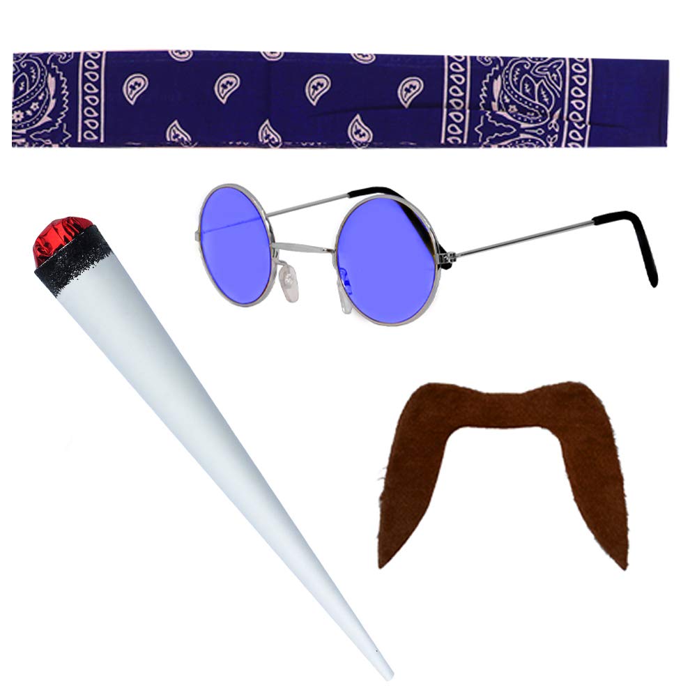 ILOVEFANCYDRESS ADULTS 1960s - 1970s HIPPY COSTUME ACCESSORY KIT - BLUE BANDANA, BLUE CIRCULAR GLASSES, BROWN 70s TASH, SPLIFF