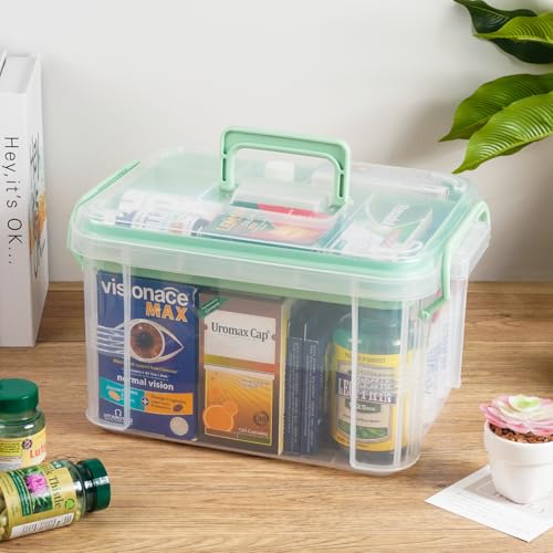 Image of HEY FOLY Set of 2 Medicine Organizer Storage Box with Tray, 15qt+5qt Green Plastic First Aid Box Empty, Thickened Medicine Container Chest, Multipurpose Medical Case with Labels, Green Medicine Caddy